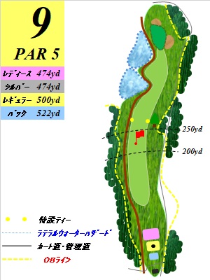 ジャパンセントラルゴルフ倶楽部 OUT9番ホール コース図