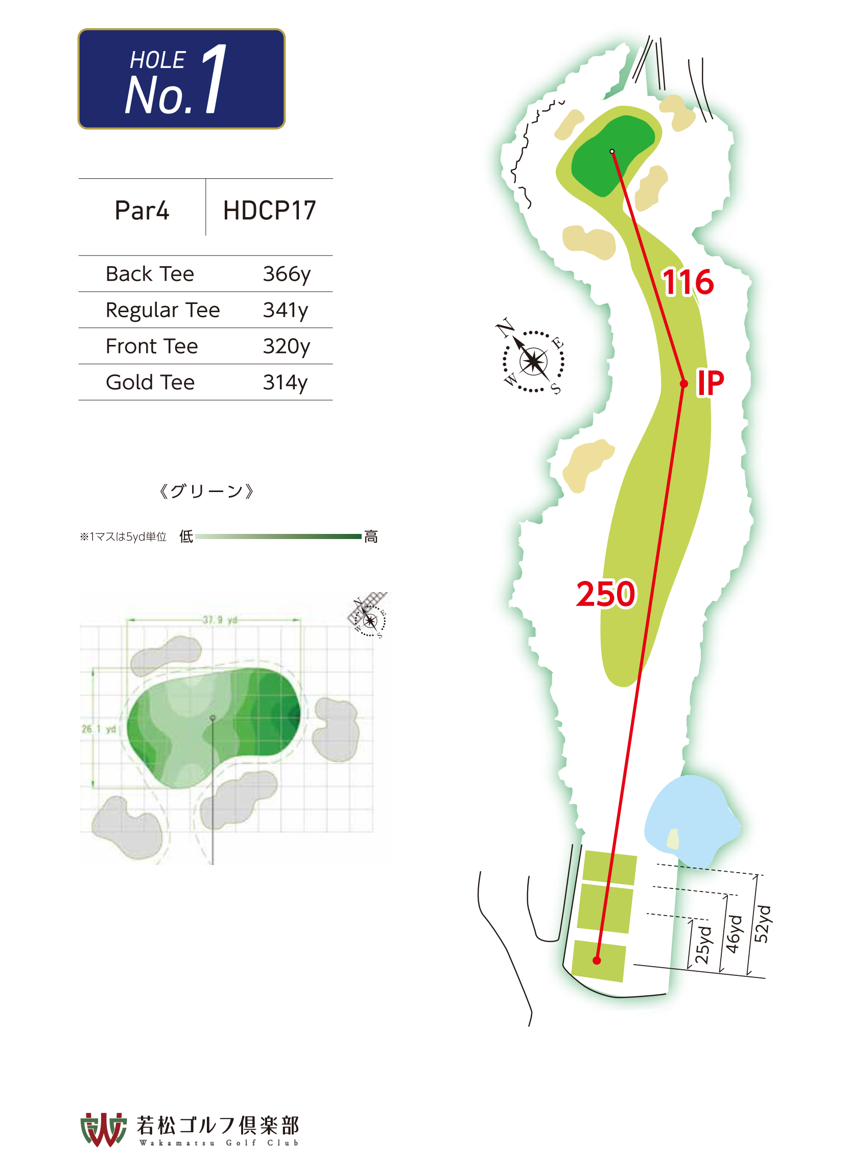 若松ゴルフ倶楽部 OUT1番ホール コース図