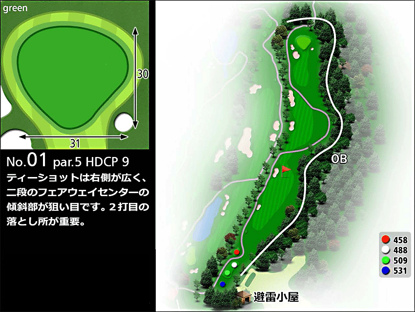ローモンドカントリー倶楽部 OUT1番ホール コース図