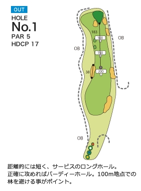 尾道ゴルフ倶楽部 OUT1番ホール コース図